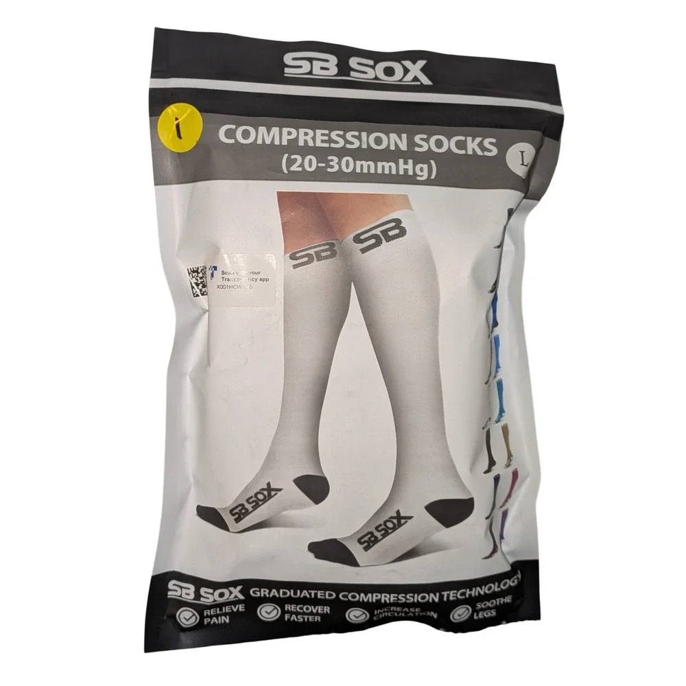 SB SOX Compression Socks Graduated‎ 20-30mmHg White Black Large NIP
